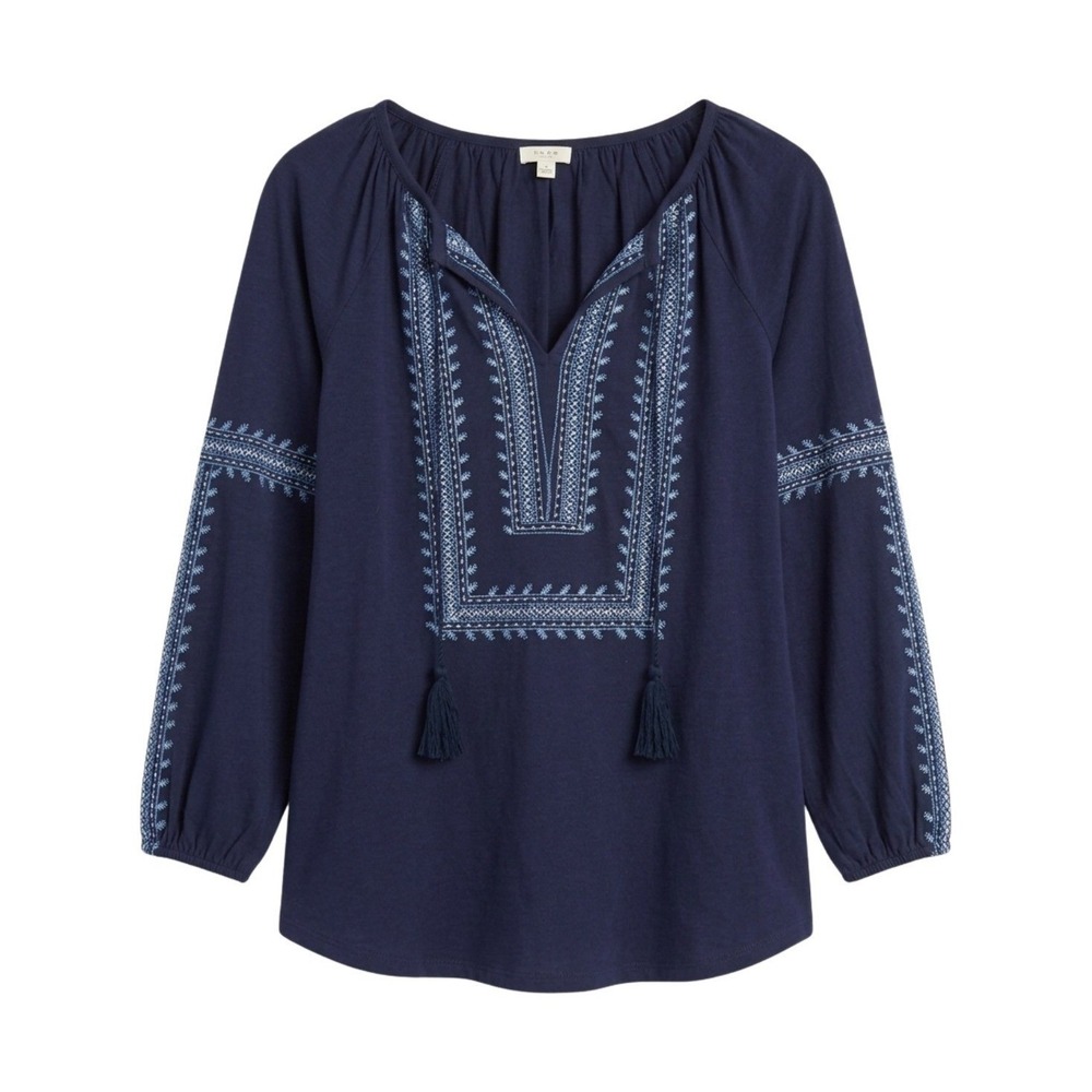 Soft Joie Navy Blue Embroidered Tassel Peasant Blouse XS Boho Top